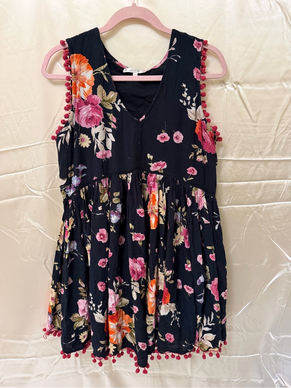 Black Floral Mini Dress with Pink Pom-Pom Trim